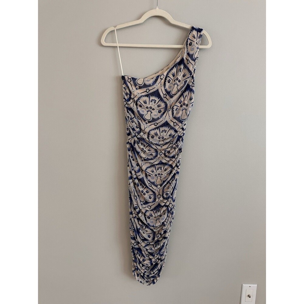 House of Harlow 1960 One Shoulder Ruched Midi Dress Blue Cream Print Size Small